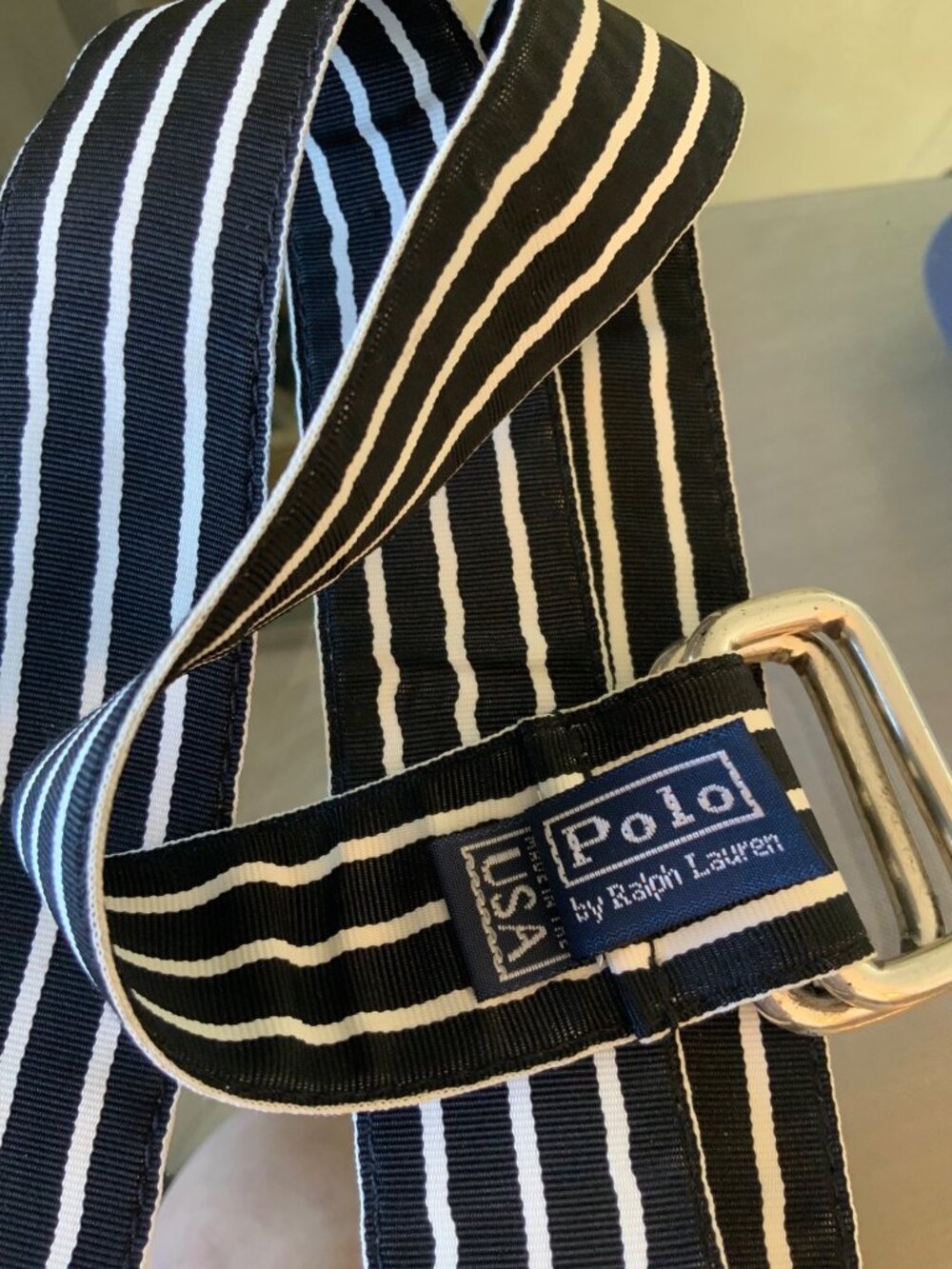 Vintage Polo Ralph Lauren Black & White Striped Canvas Belt With Double D-Ring B
